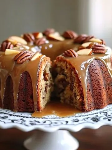 Apple Pecan Cake with caramel glaze on white kitchen counter
