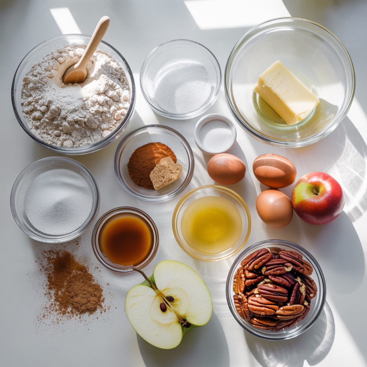 Apple Pecan Cake ingredients in bowls on white kitchen counter