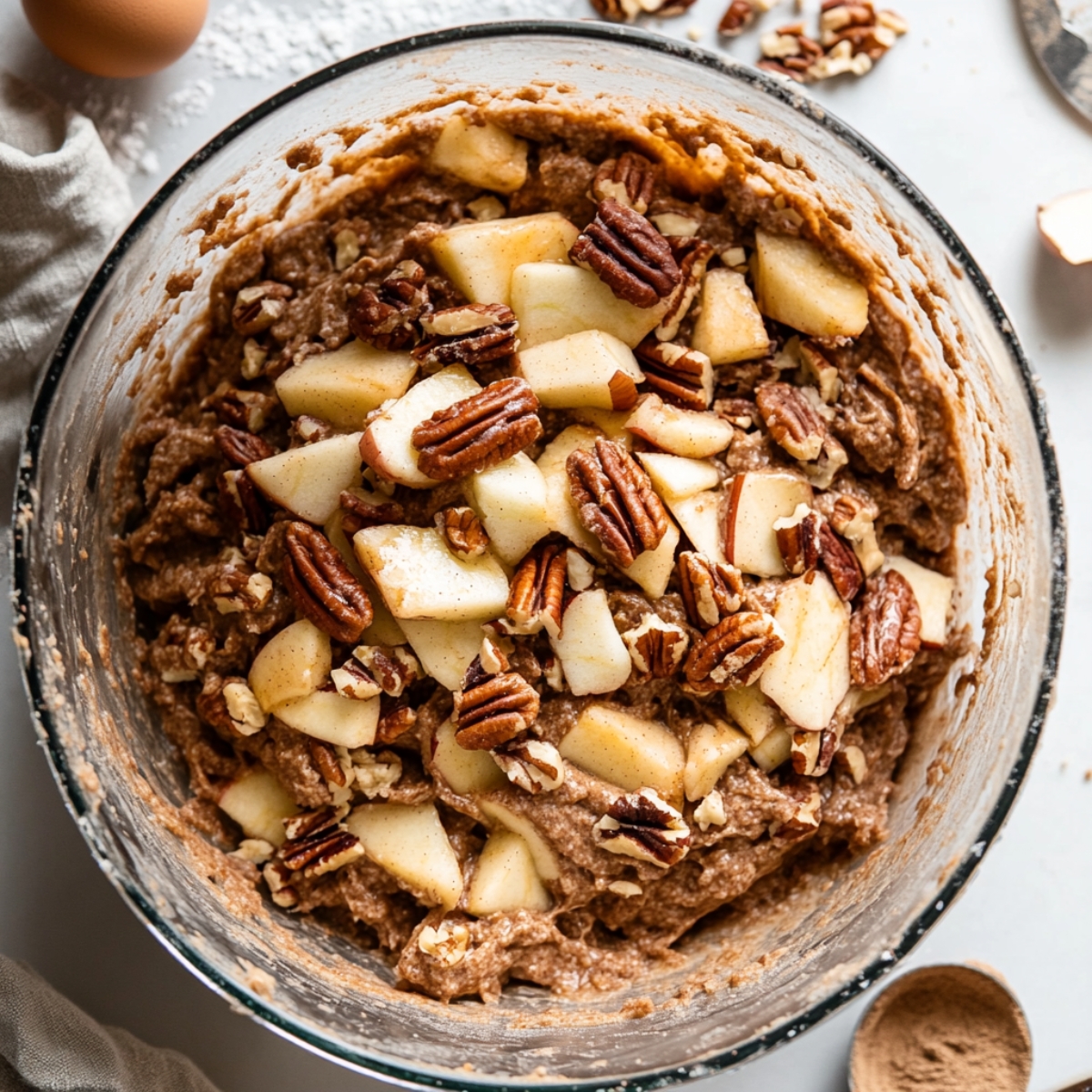 Preparing apple pecan cake batter with apples and pecans
