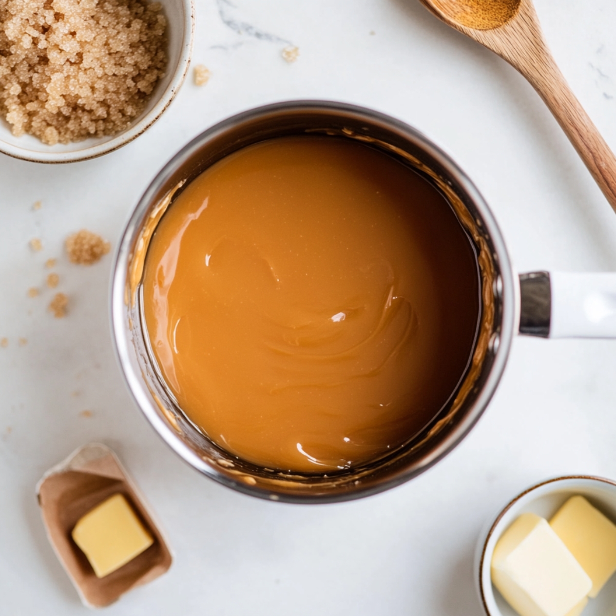Caramel glaze resting in saucepan on kitchen counter

