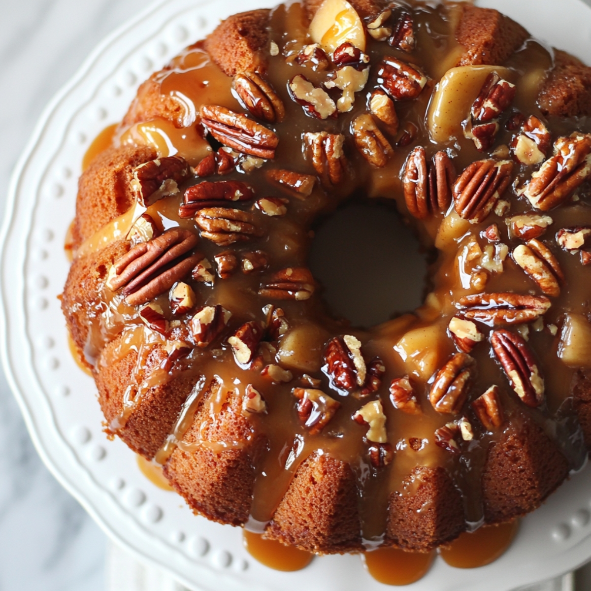 Finished apple pecan cake with caramel glaze and pecans