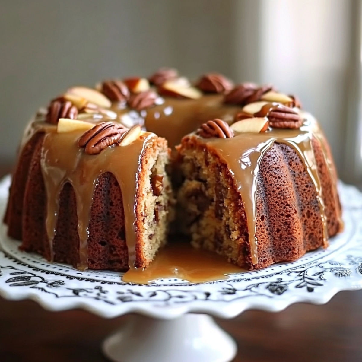 Apple Pecan Cake with caramel glaze on white kitchen counter
