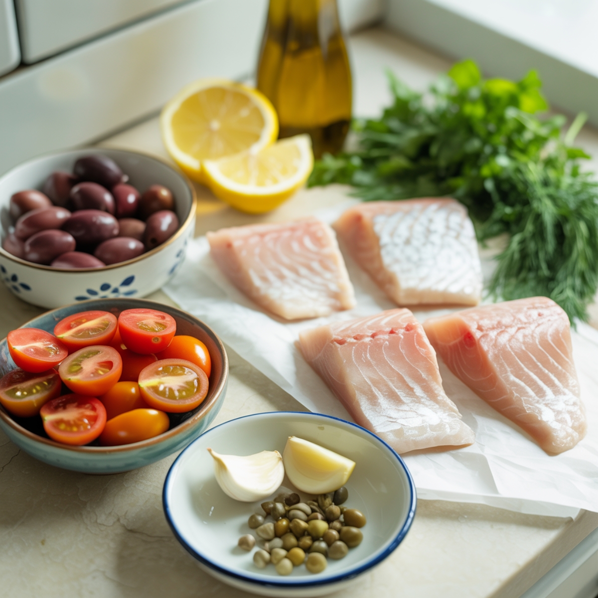 fresh ingredients for baked mediterranean fish on white kitchen counter