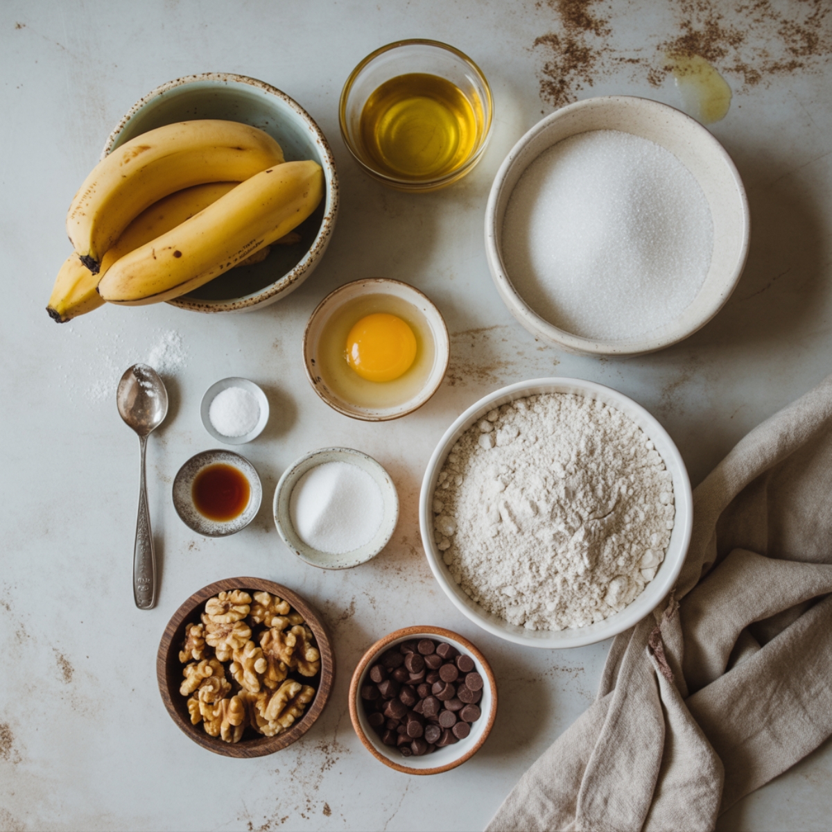 Banana bread ingredients in individual bowls on a white counter