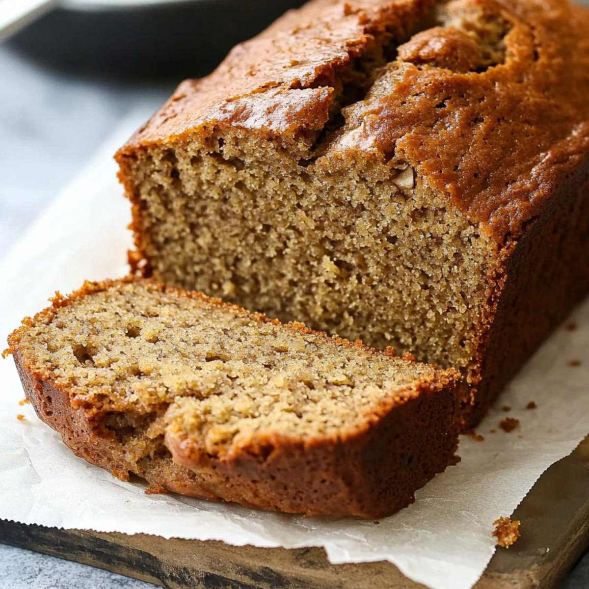 Moist banana loaf with applesauce sliced on baking paper on a counter