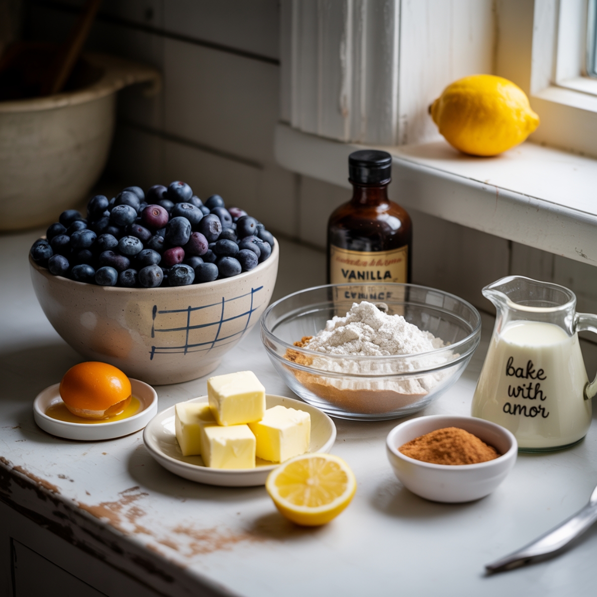 ingredients for blueberry pie cookies on white counter


