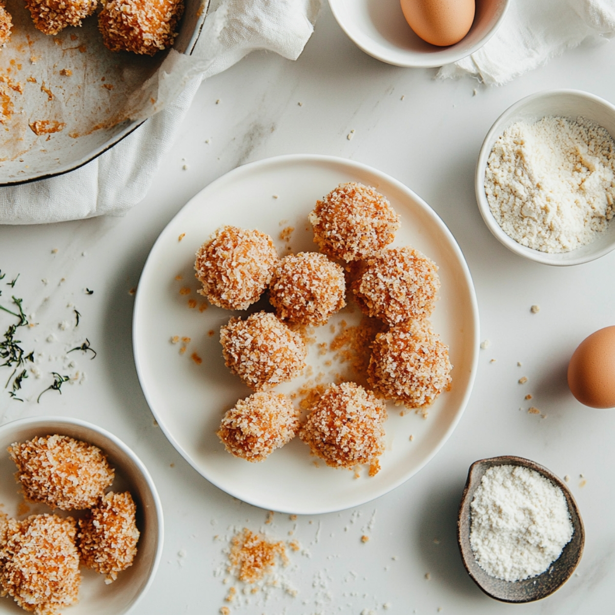 Top-down shot of breaded salmon bites resting on a plate with breadcrumbs and bowls visible.