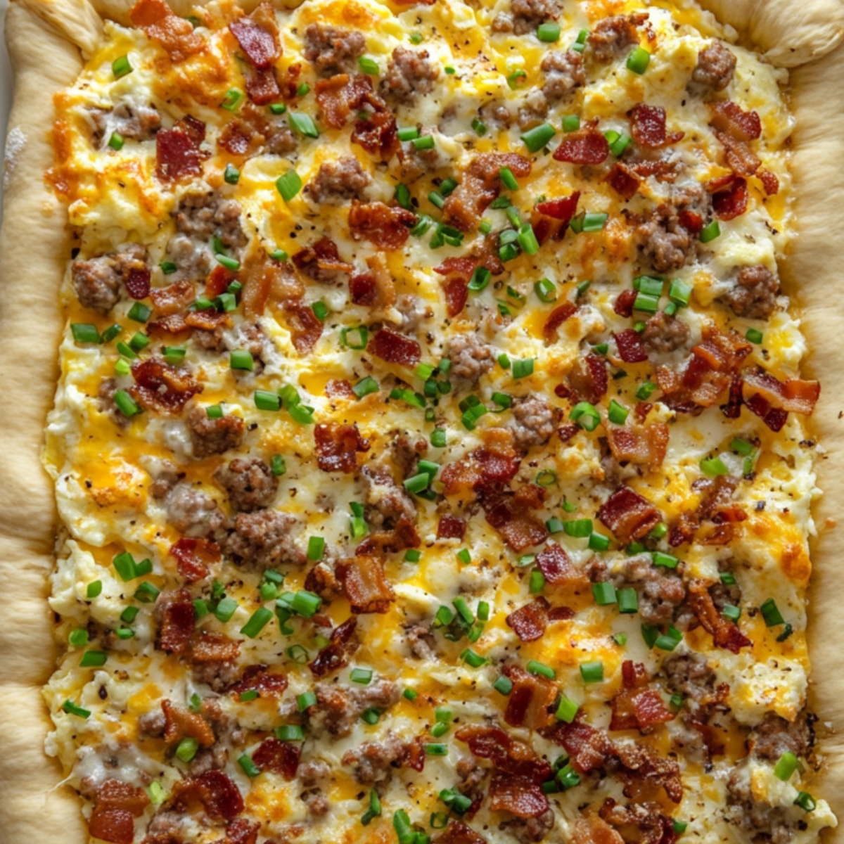 Rectangular dough topped with breakfast fillings and cheese