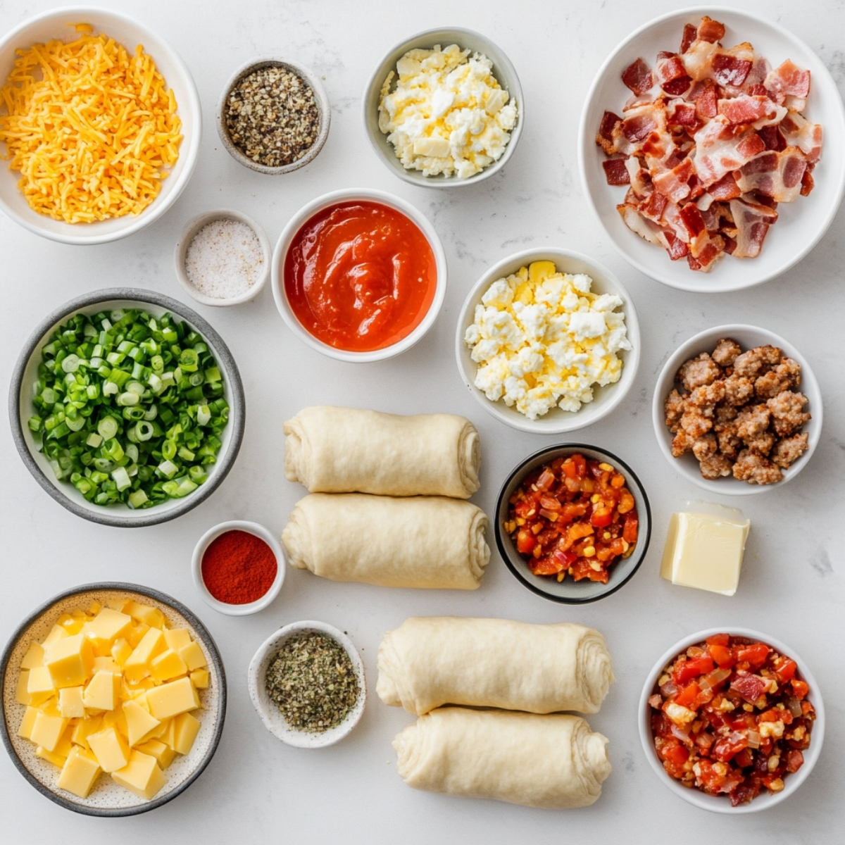 Ingredients for breakfast pizza rolls on a white kitchen counter