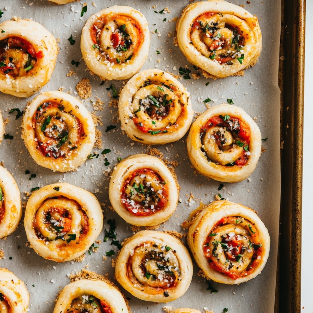 Unbaked breakfast pizza rolls sliced on parchment