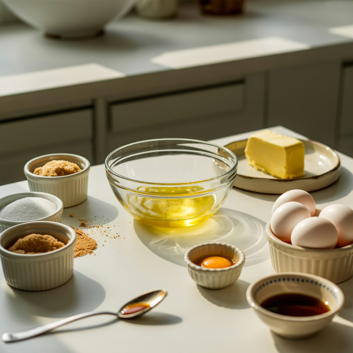 Brookie cookie ingredients each in separate bowls on white counter

