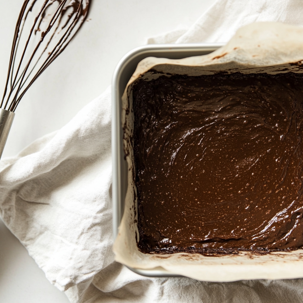 Homemade brownie batter and baking pan on white kitchen counter

