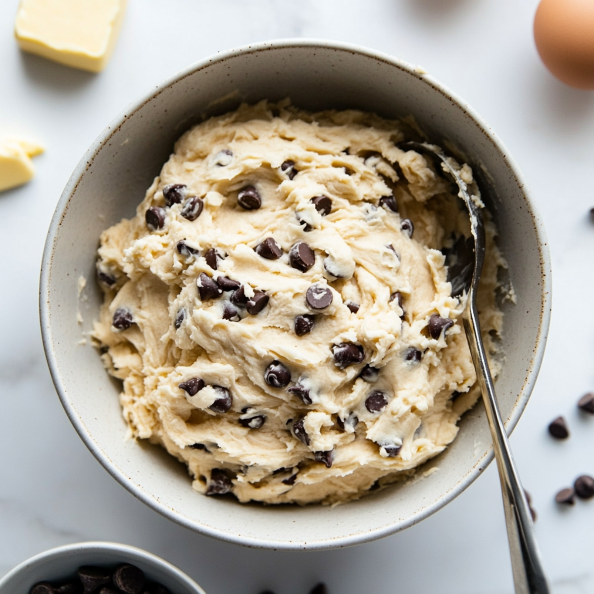 Rustic chocolate chip cookie dough in bowl on white counter

