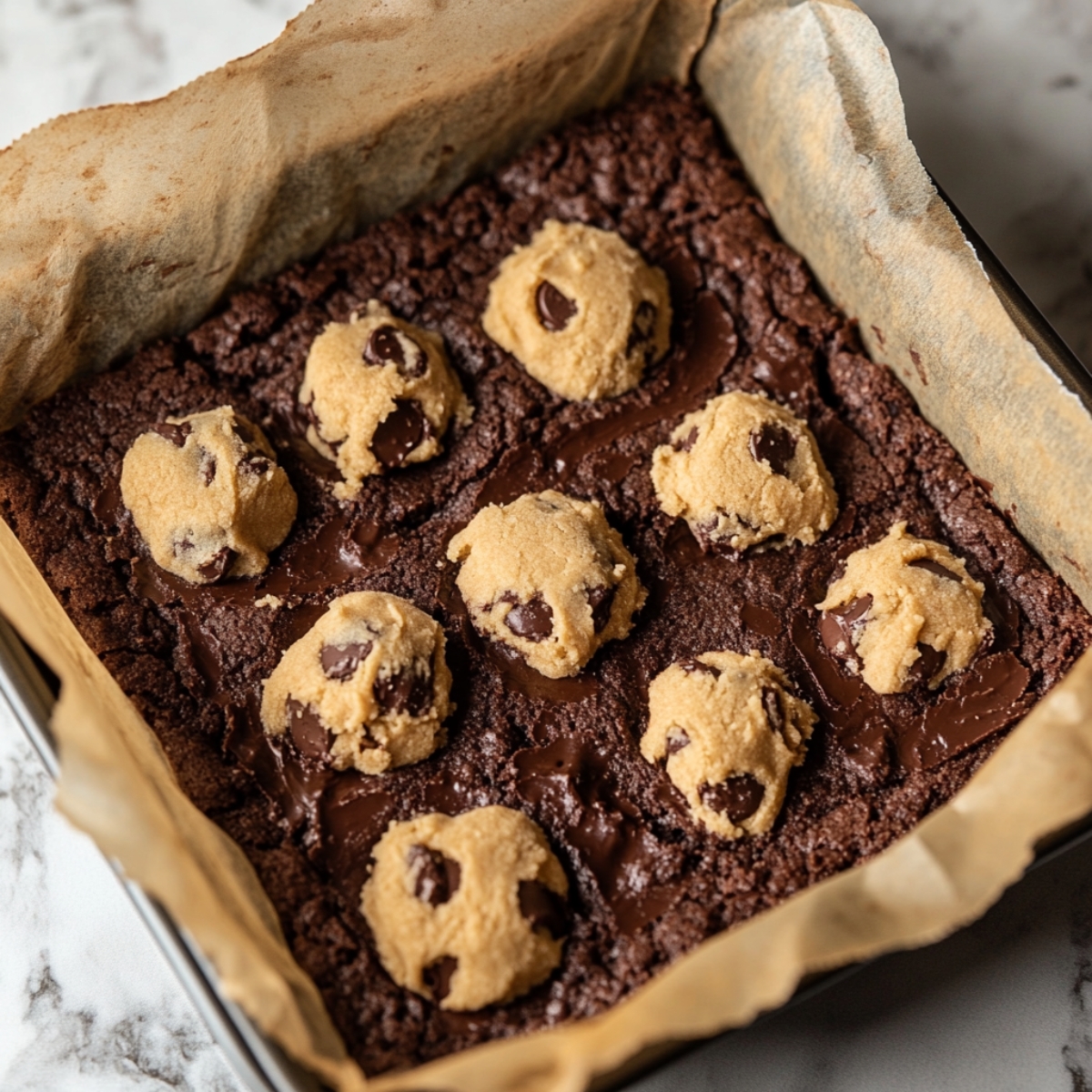 Unbaked brookies with cookie dough on brownie layer in pan

