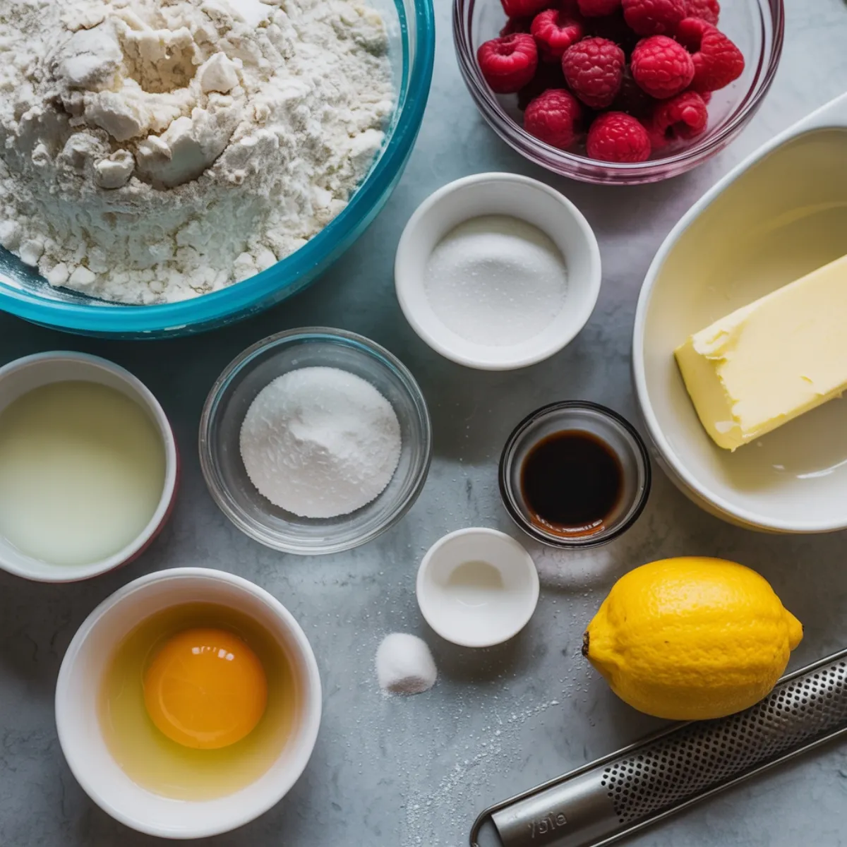  ingredients for buttermilk raspberry muffins on white counter