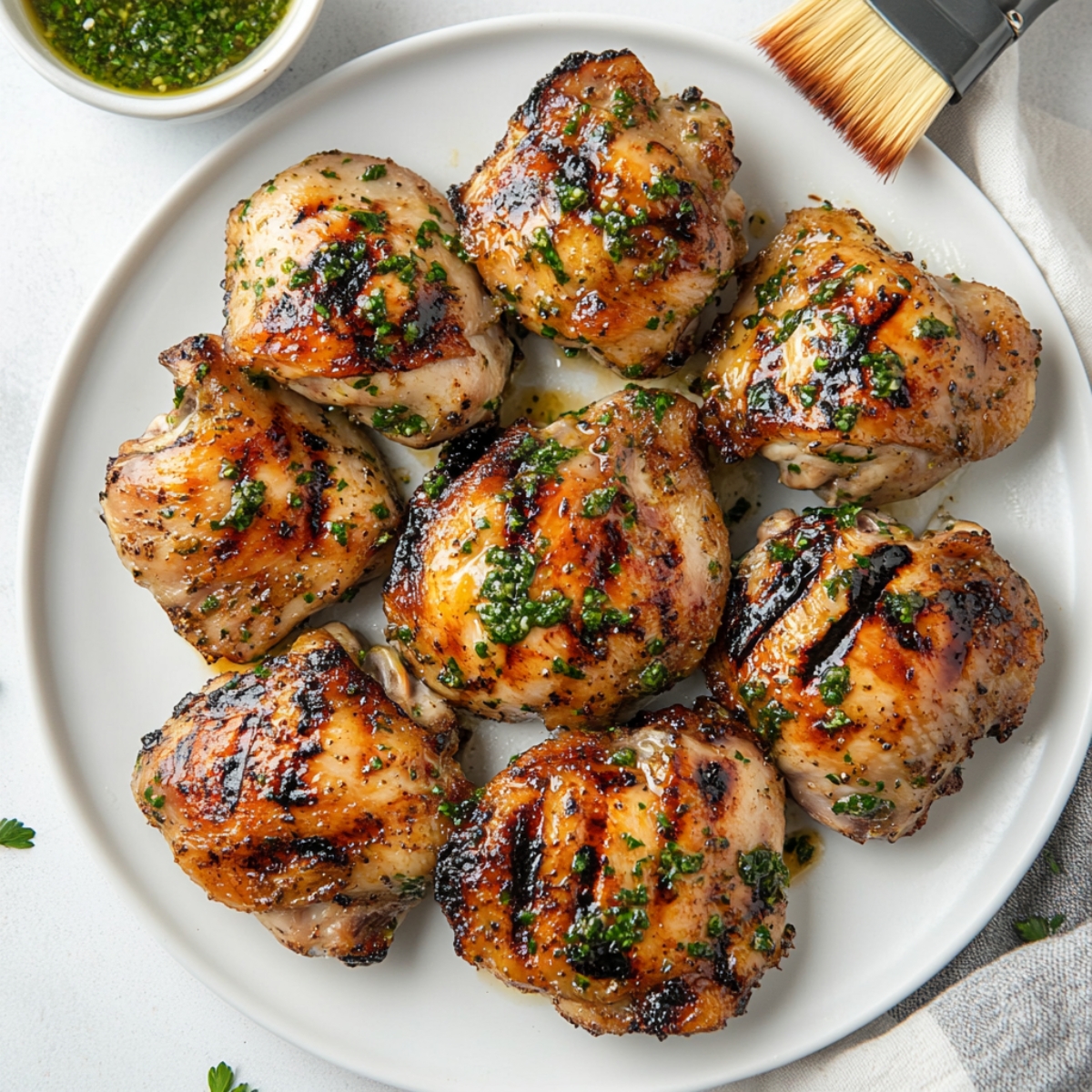 Grilled chimichurri chicken thighs resting on a white plate
