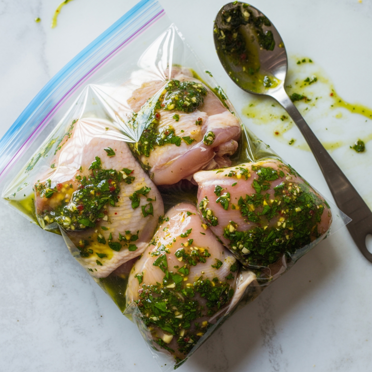 Chicken thighs marinating in chimichurri sauce on kitchen counter

