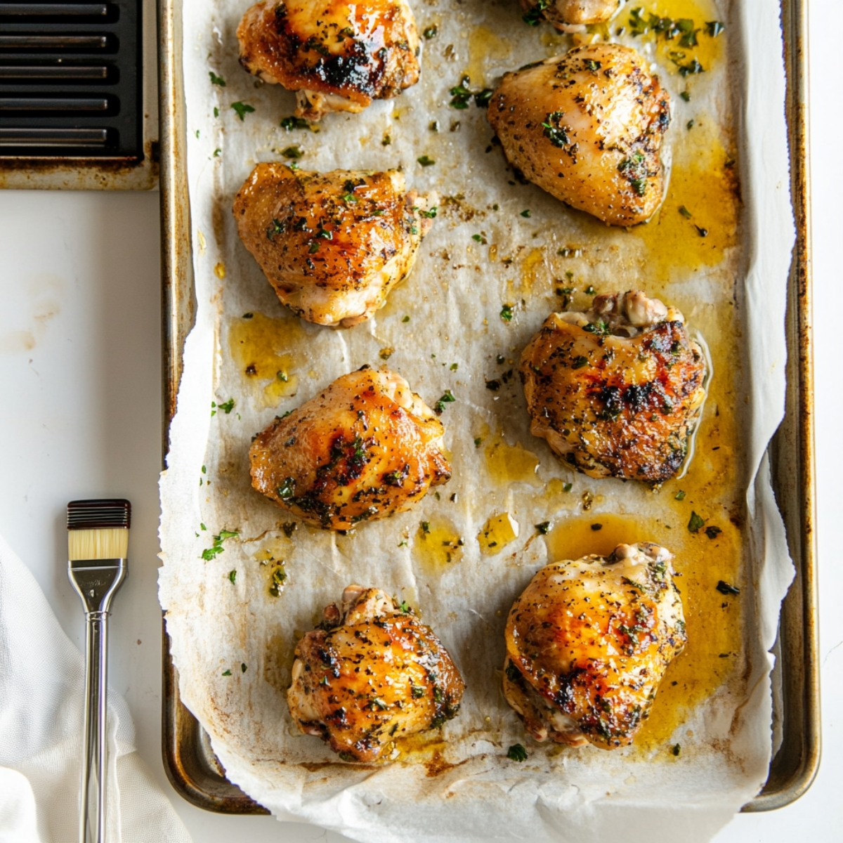 marinated chimichurri chicken thighs on baking sheet