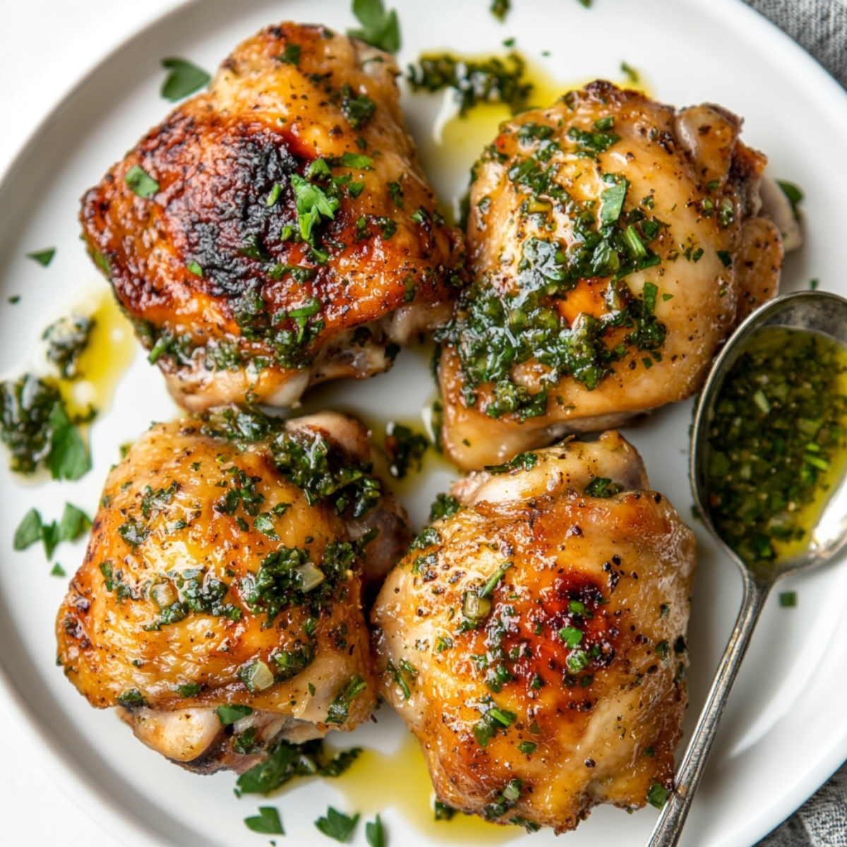Chimichurri chicken thighs served with fresh sauce on white plate