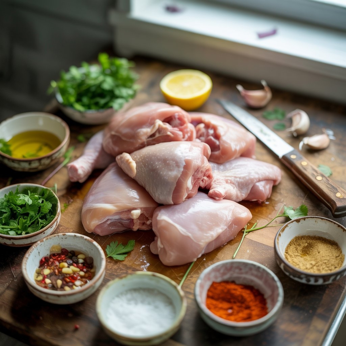 ingredients for chimichurri chicken thighs on kitchen counter