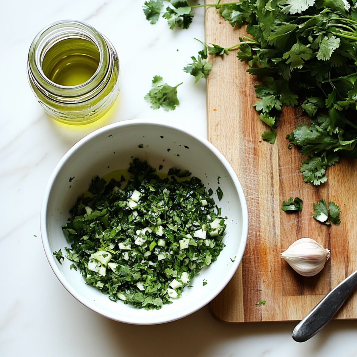 homemade chimichurri sauce on white kitchen counter