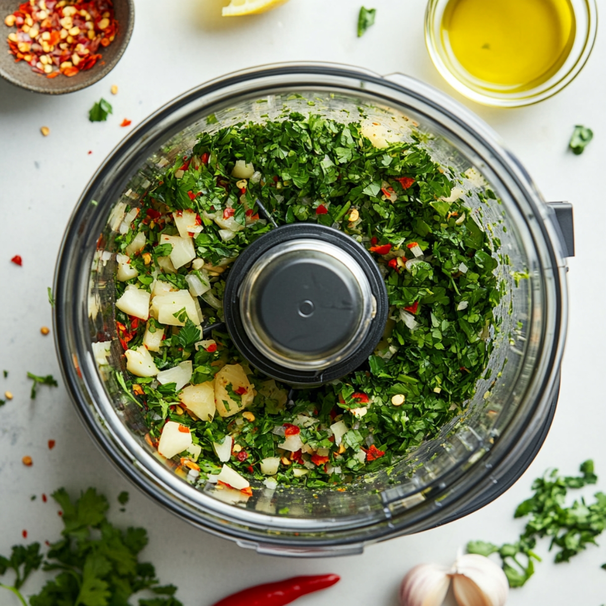 Chimichurri ingredients in food processor on white kitchen counter