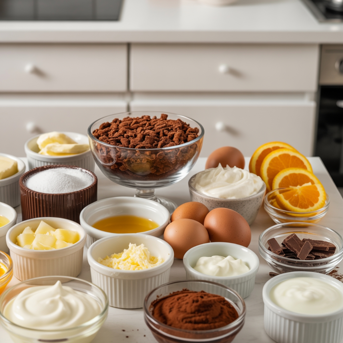 Chocolate orange cheesecake ingredients in separate bowls on white kitchen counter