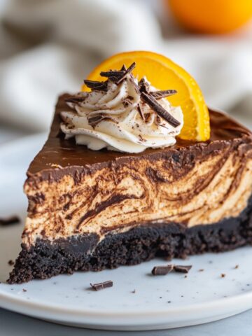 Slice of chocolate orange cheesecake on plate with ganache and garnish