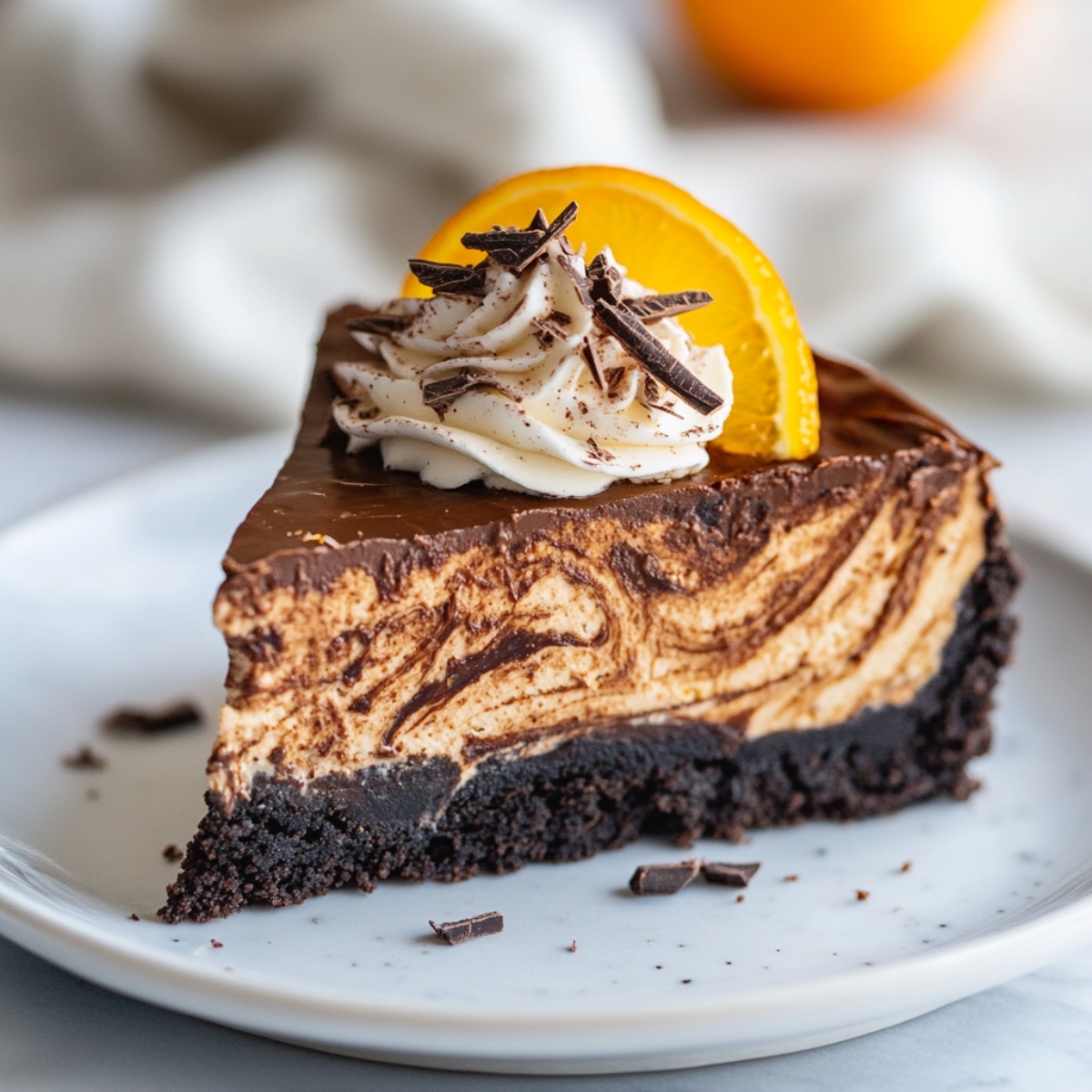 Slice of chocolate orange cheesecake on plate with ganache and garnish
