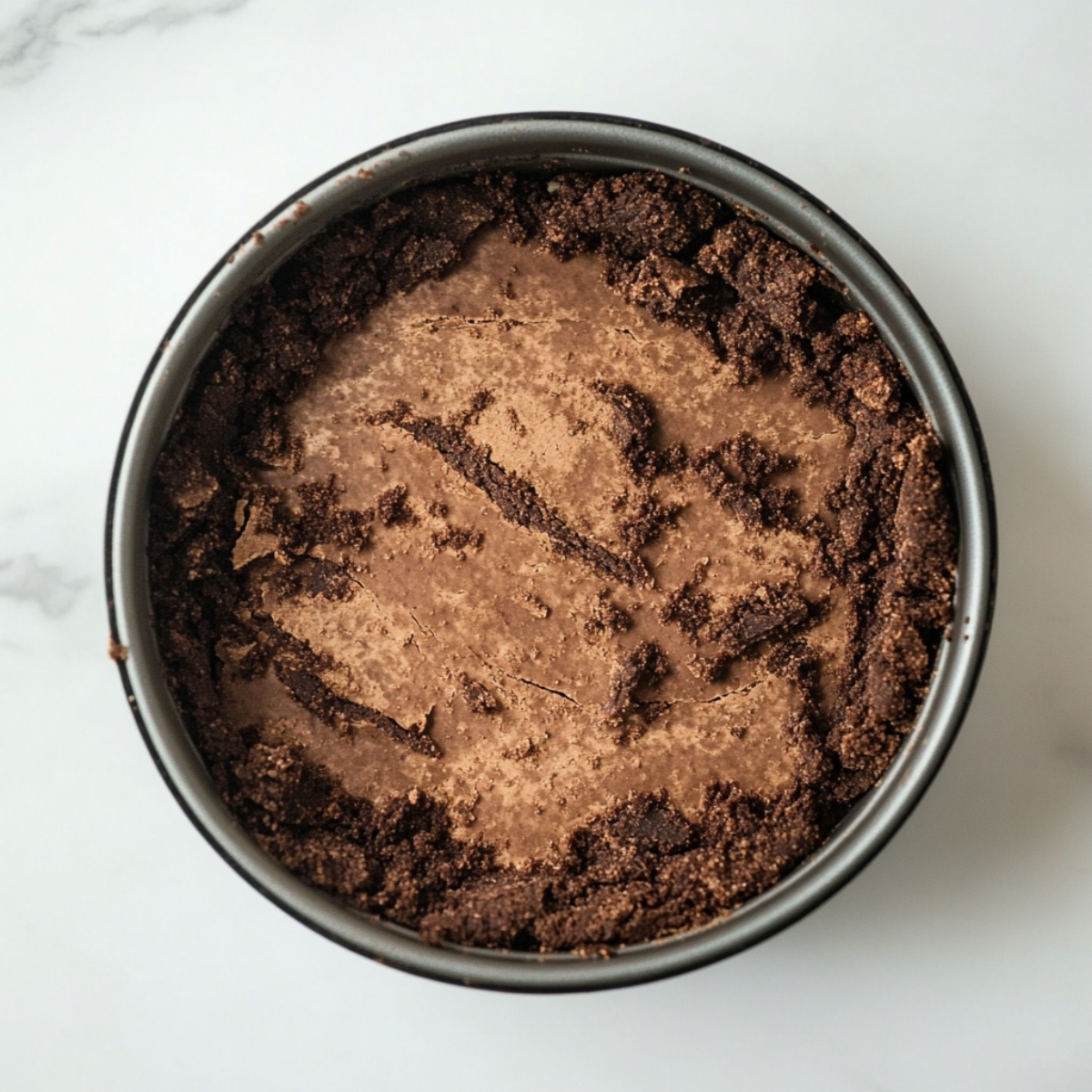 Homemade chocolate cookie crust in springform pan on white kitchen counter