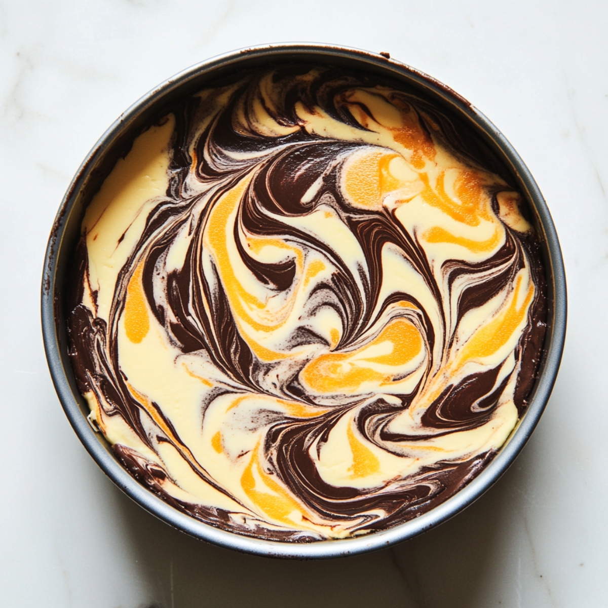 Swirled chocolate orange cheesecake filling in a springform pan before baking