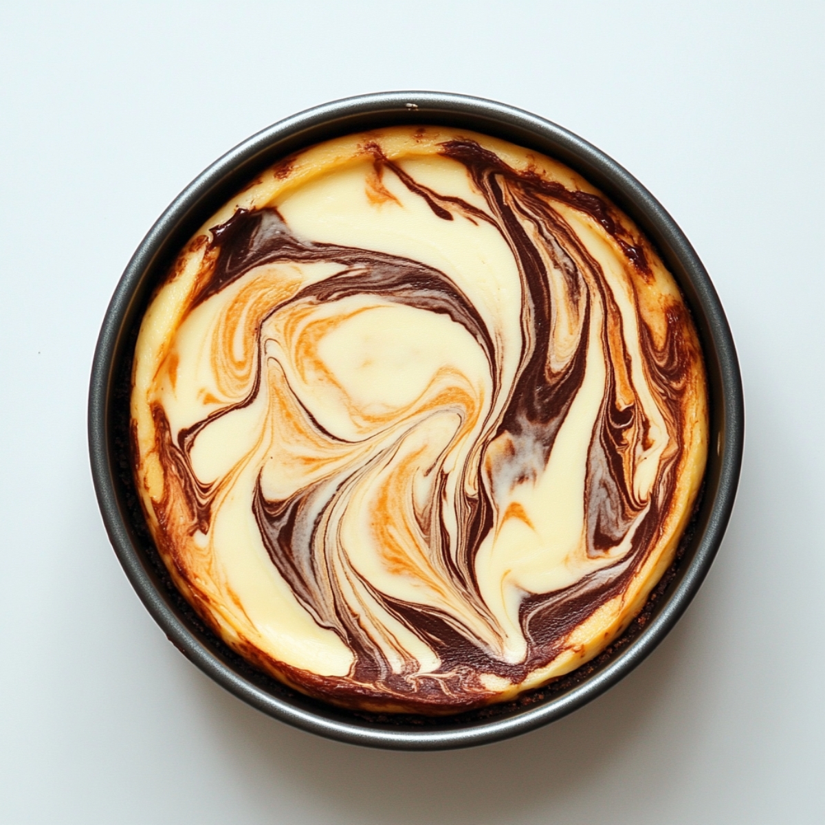 Baked chocolate orange cheesecake cooling in pan on white kitchen counter