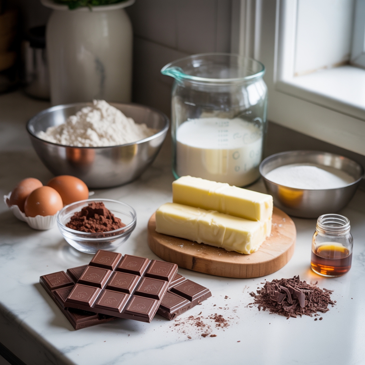 Ingredients for chocolate mousse brownies on white counter
