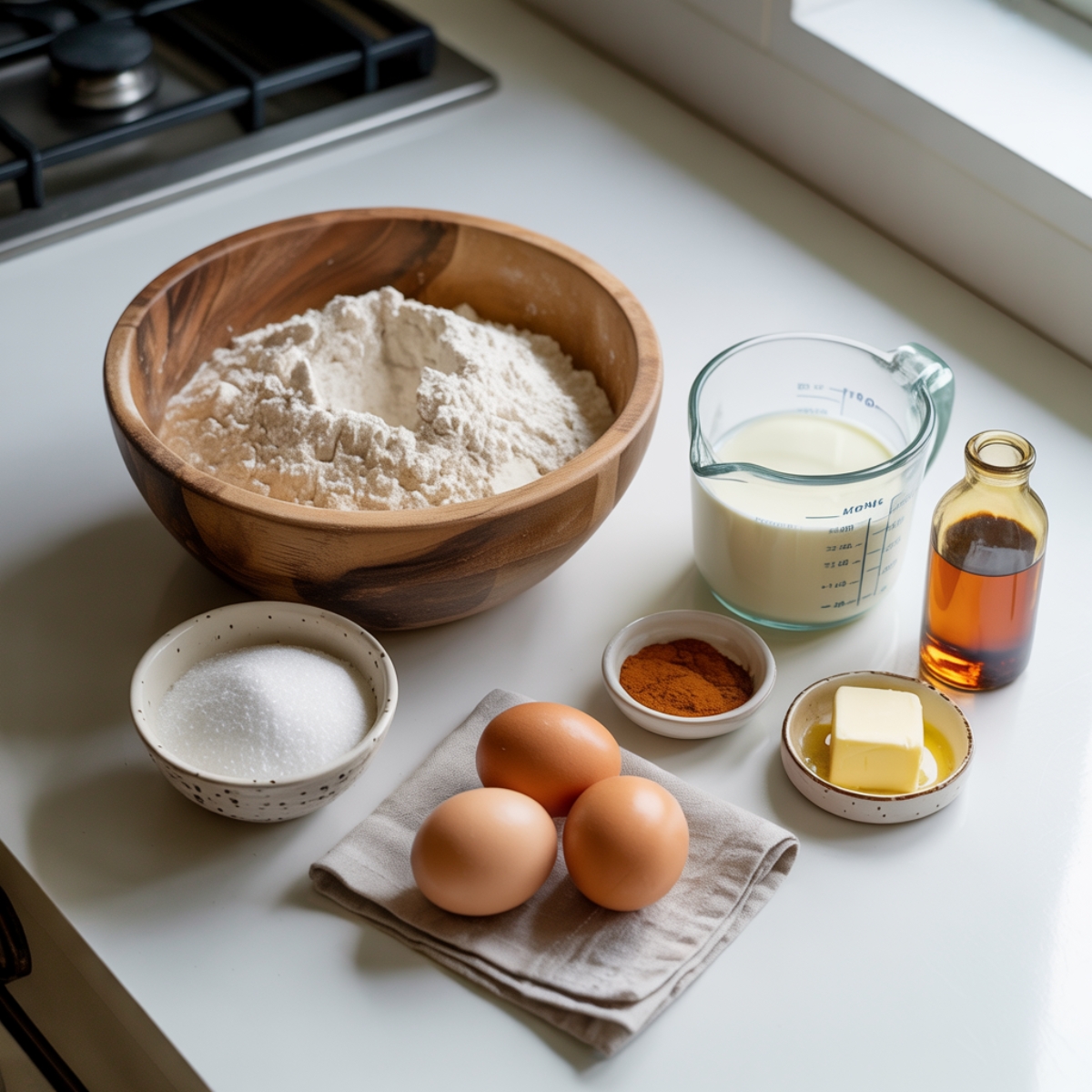 Churro donuts ingredients laid out on white kitchen counter
