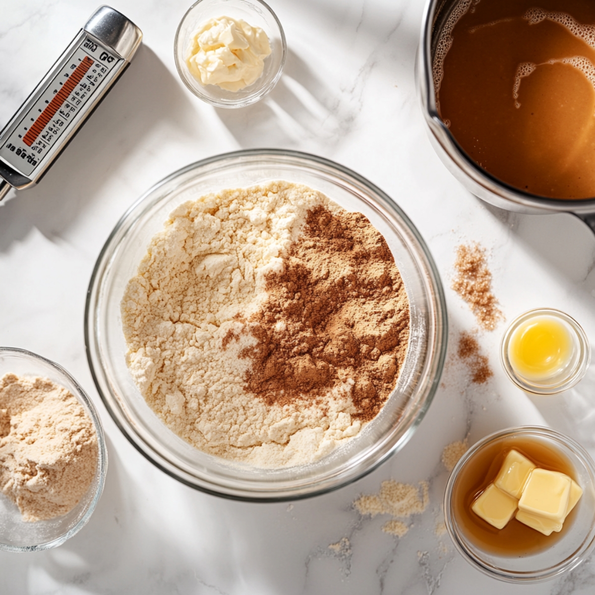 Homemade churro donut batter ingredients and setup on kitchen counter
