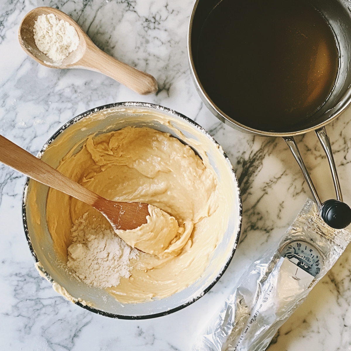 Churro donut batter with piping bag and pot ready for frying