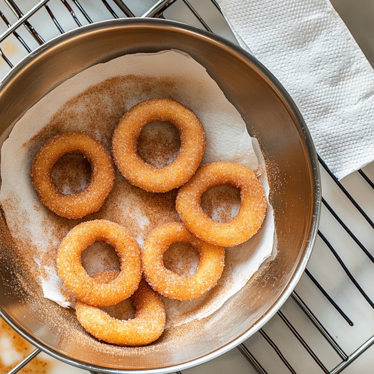 Warm churro donuts being coated in cinnamon sugar