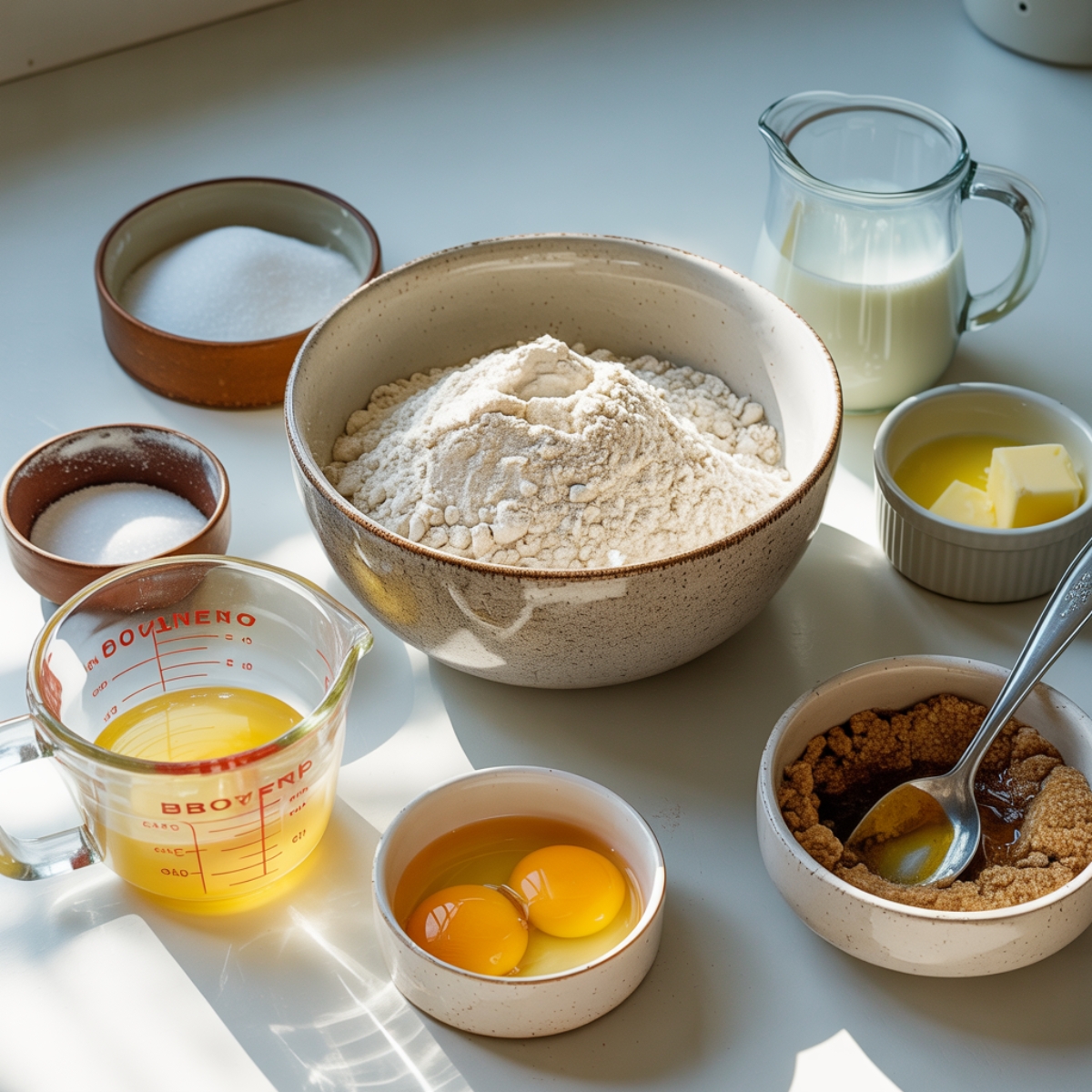 Flat lay of cinnamon swirl pancake ingredients on a white kitchen counter
