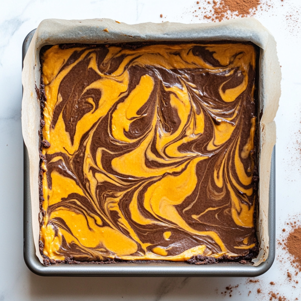 Close-up of unbaked pumpkin cheesecake brownie swirls in pan


