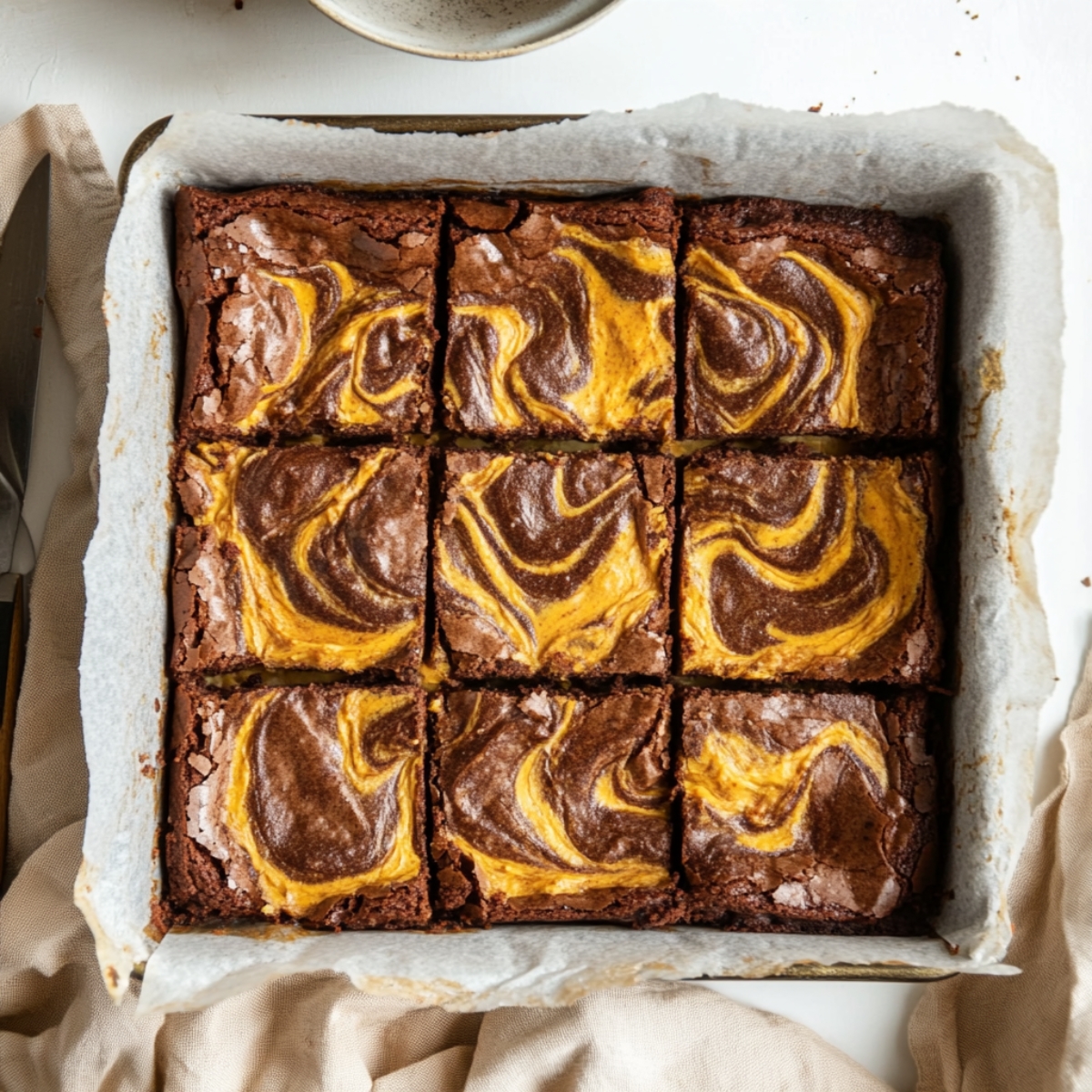 Close-up of sliced pumpkin cheesecake brownies on parchment

