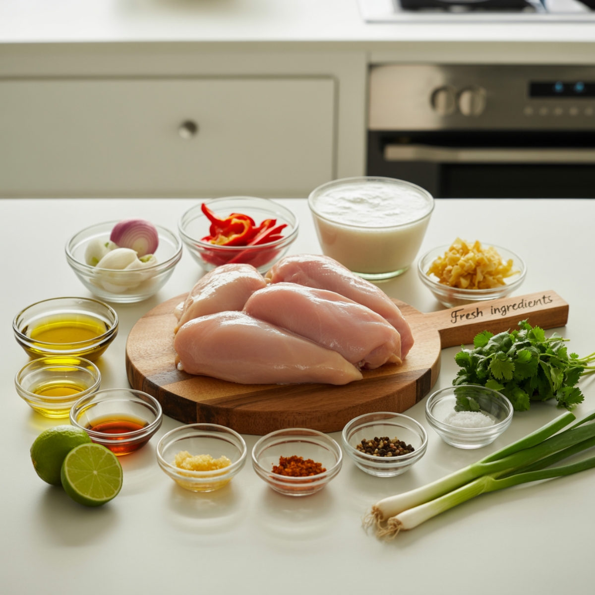 Coconut lime chicken ingredients in glass bowls on white kitchen counter.