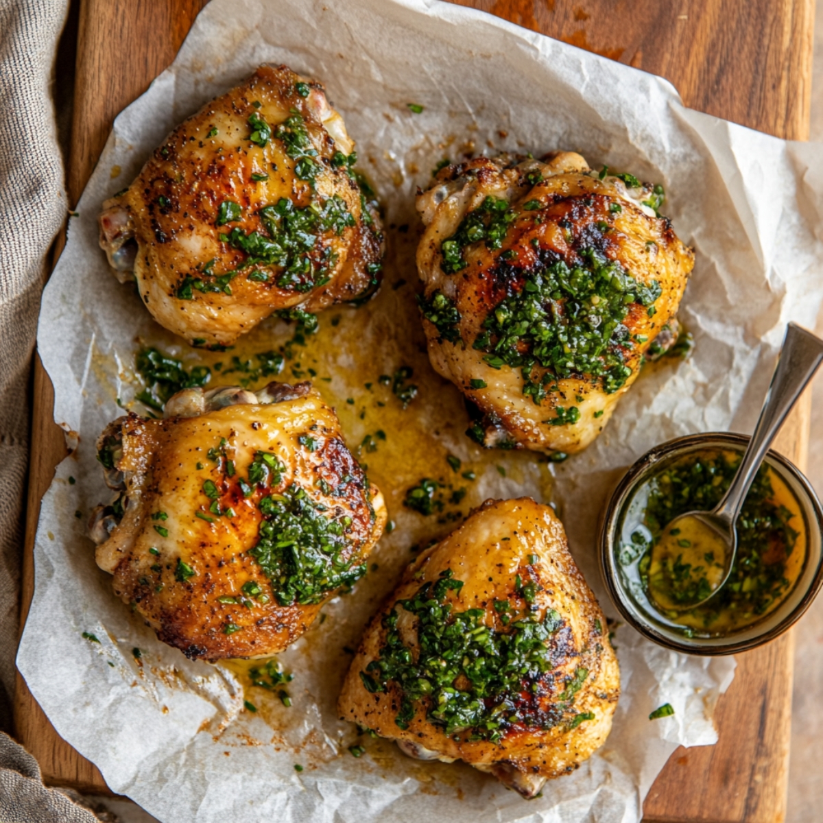 crispy chimichurri chicken thighs with sauce on side
