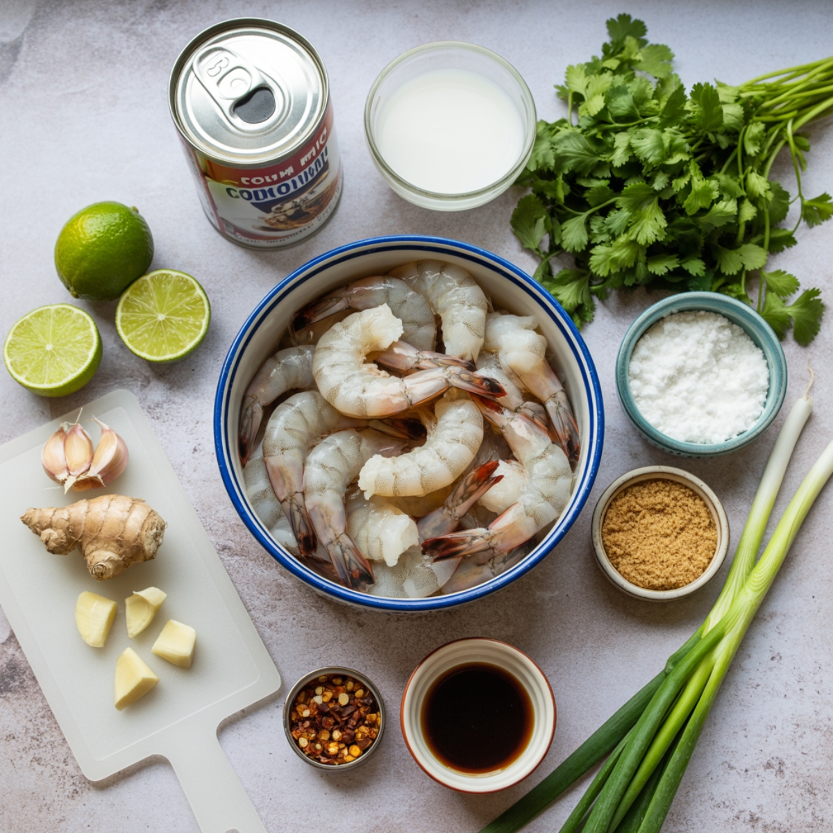  Ingredients for creamy coconut shrimp laid out on a white kitchen counter