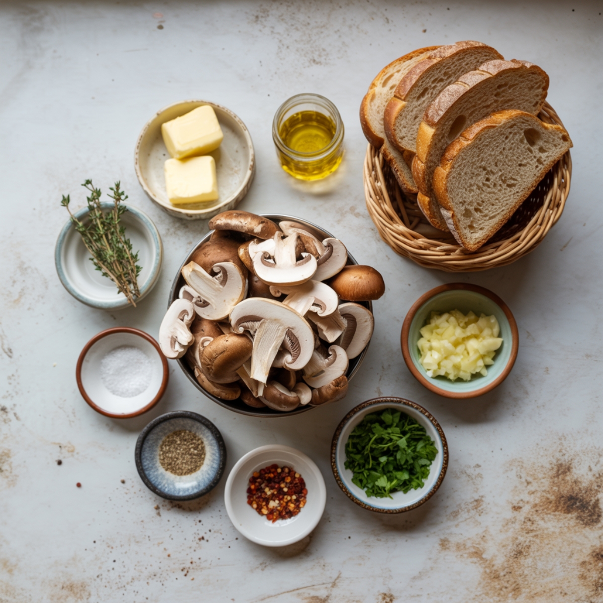 Creamy mushroom toast ingredients arranged in separate bowls