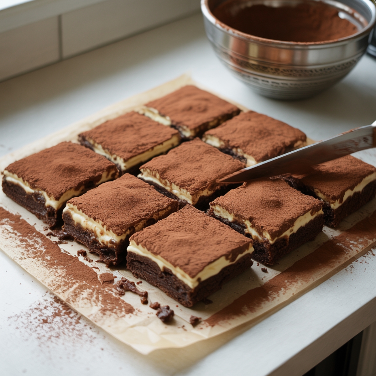 Cutting tiramisu brownies into squares with cocoa dusting