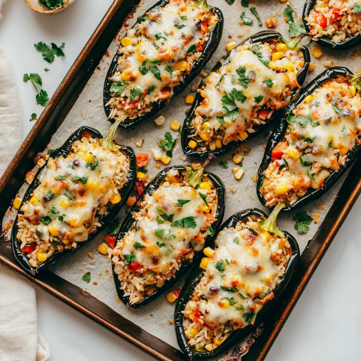 Baked vegetarian stuffed poblano peppers with toppings