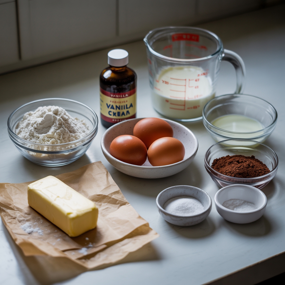 German marble cake ingredients on white kitchen counter

