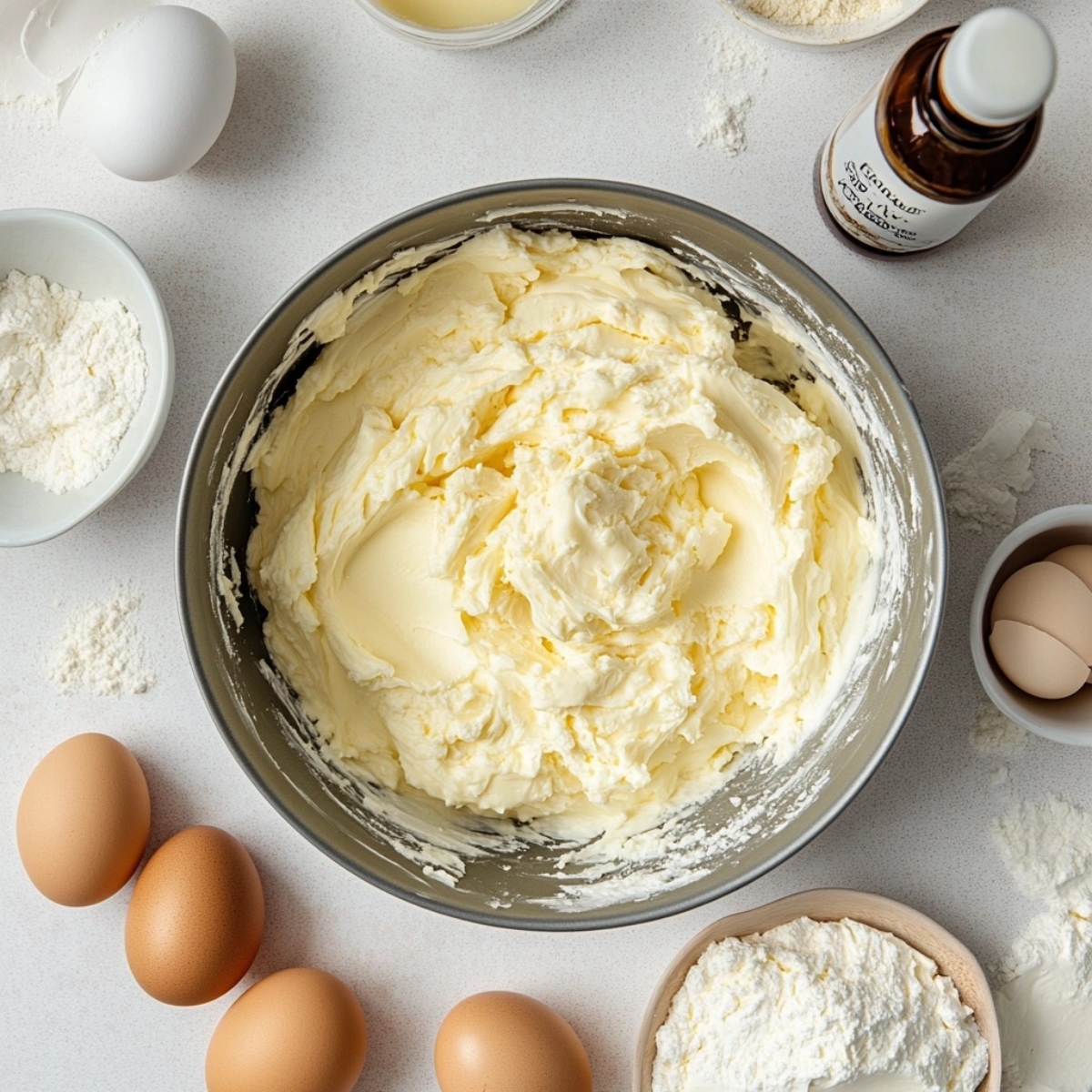 Bundt pan and creamed batter for German marble cake on white counter

