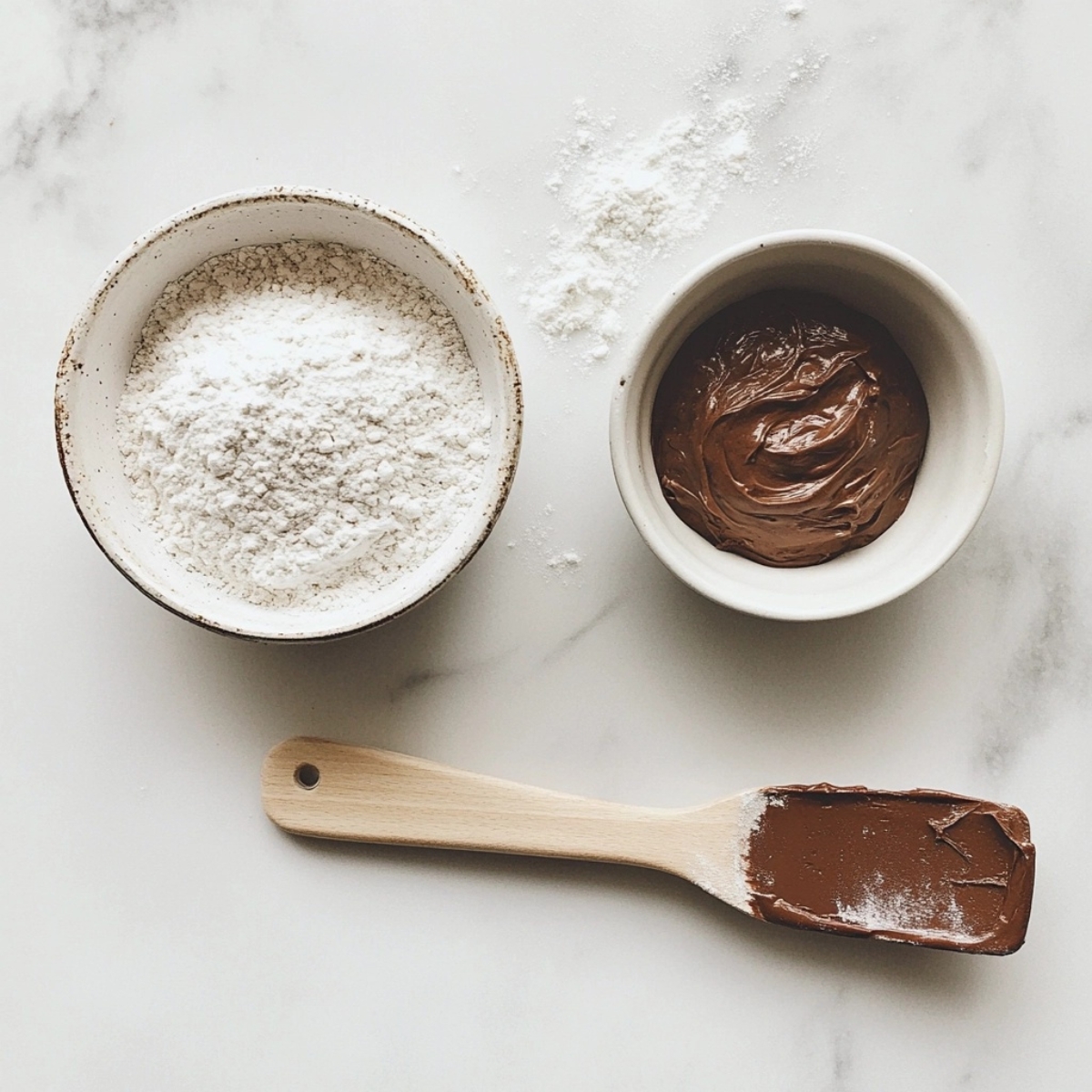 Dry ingredients and cocoa paste for German marble cake on kitchen counter

