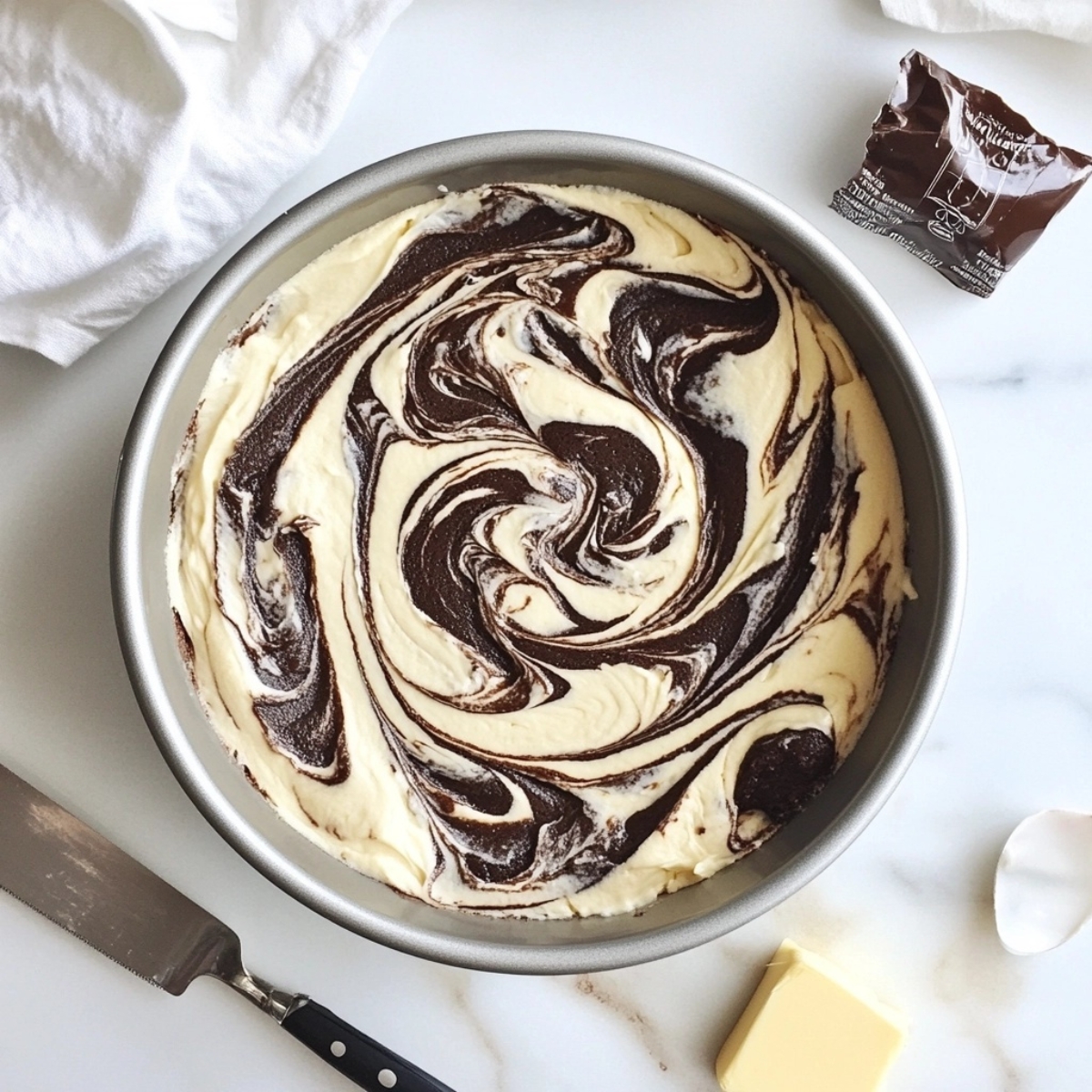 Swirled chocolate and vanilla batter in bundt pan for marble cake

